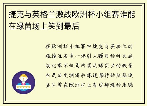 捷克与英格兰激战欧洲杯小组赛谁能在绿茵场上笑到最后
