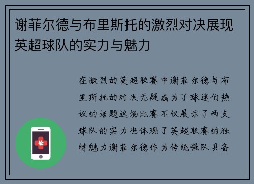 谢菲尔德与布里斯托的激烈对决展现英超球队的实力与魅力