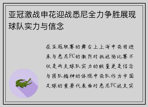 亚冠激战申花迎战悉尼全力争胜展现球队实力与信念