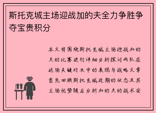 斯托克城主场迎战加的夫全力争胜争夺宝贵积分