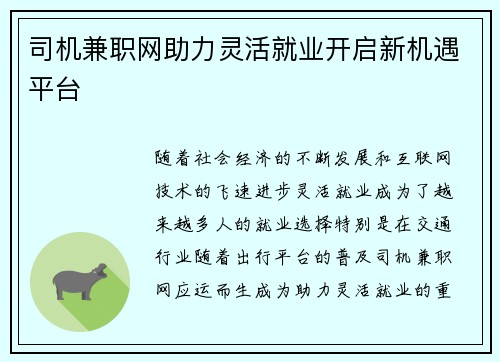 司机兼职网助力灵活就业开启新机遇平台