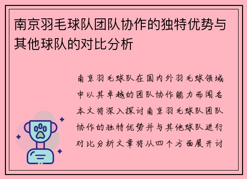 南京羽毛球队团队协作的独特优势与其他球队的对比分析
