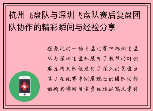 杭州飞盘队与深圳飞盘队赛后复盘团队协作的精彩瞬间与经验分享