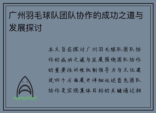 广州羽毛球队团队协作的成功之道与发展探讨