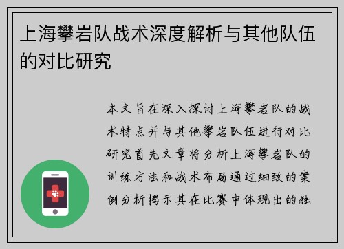 上海攀岩队战术深度解析与其他队伍的对比研究