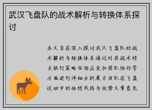 武汉飞盘队的战术解析与转换体系探讨